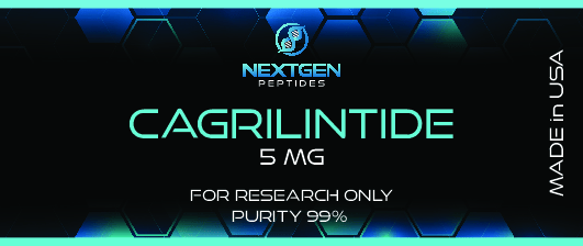 Cagrilintide_5mg-1 Cagrilintide 5 mg research peptide label on a laboratory bench