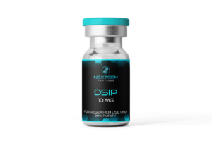 Buy UK Peptides DSIP 10 mg research peptide vial, buy UK peptides from nextgenpeptides Close-up of DSIP 10 mg vial label for laboratory research nextgenpeptides DSIP 10 mg packaging for buy UK peptides researchers